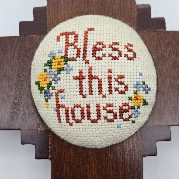 The Creative Circle Wooden Cross Stitch Bless This House Wall Decor Home 1980s - Picture 2 of 9
